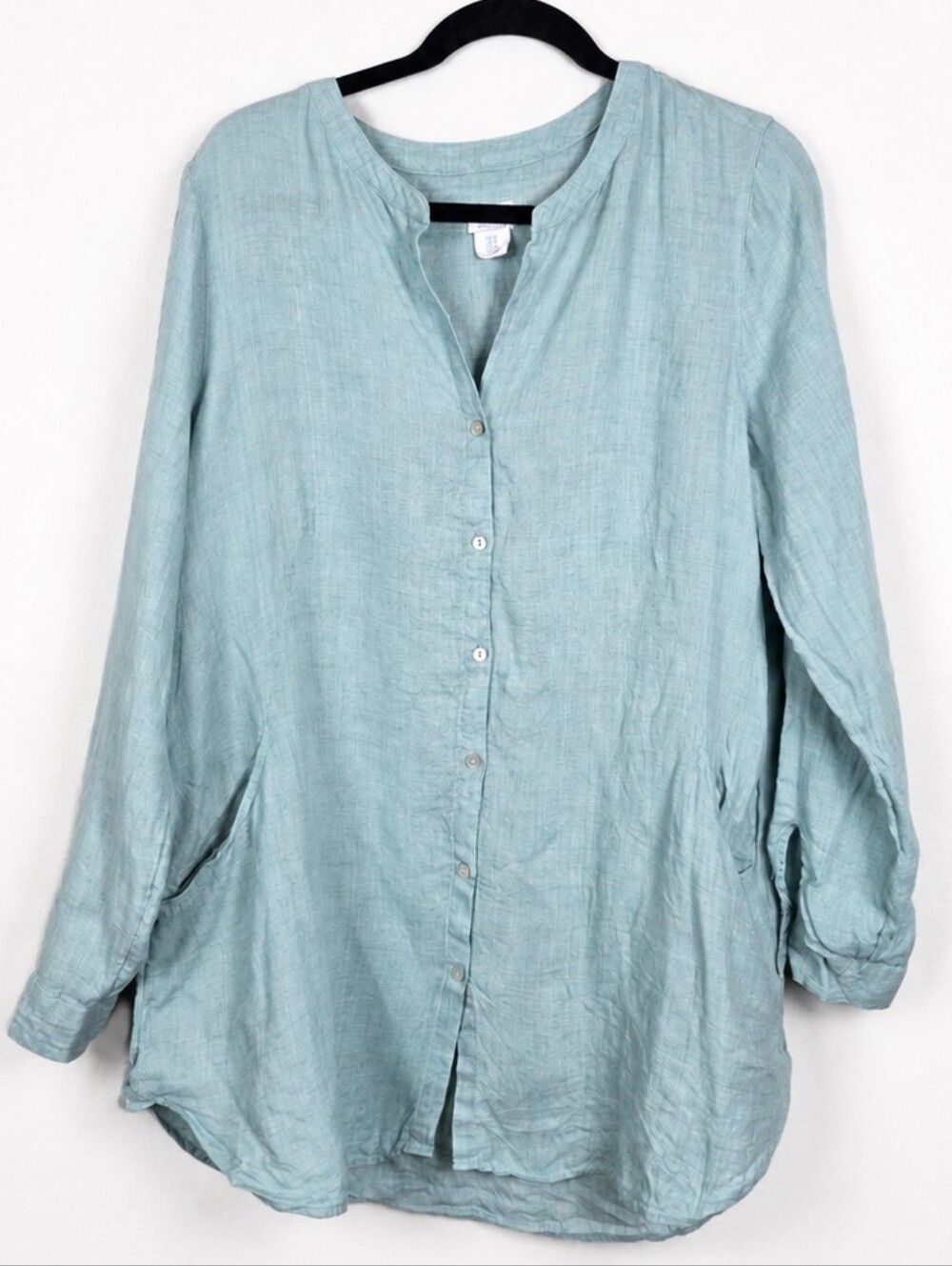 Sigrid Olsen 100% Linen Aqua Roll Tab Button Blouse Coastal Size M Lagenlook